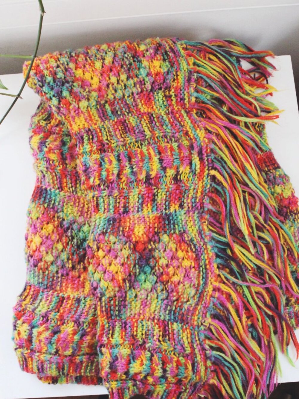 Vintage Hand Knit Crochet Rainbow Throw Blanket Fringe Boho Handcrafted Retro